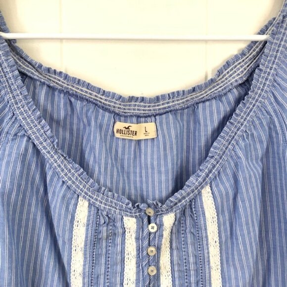 Hollister Blue & White Blouse with Lace Detail and Elastic Neckline Large - Picture 4 of 9